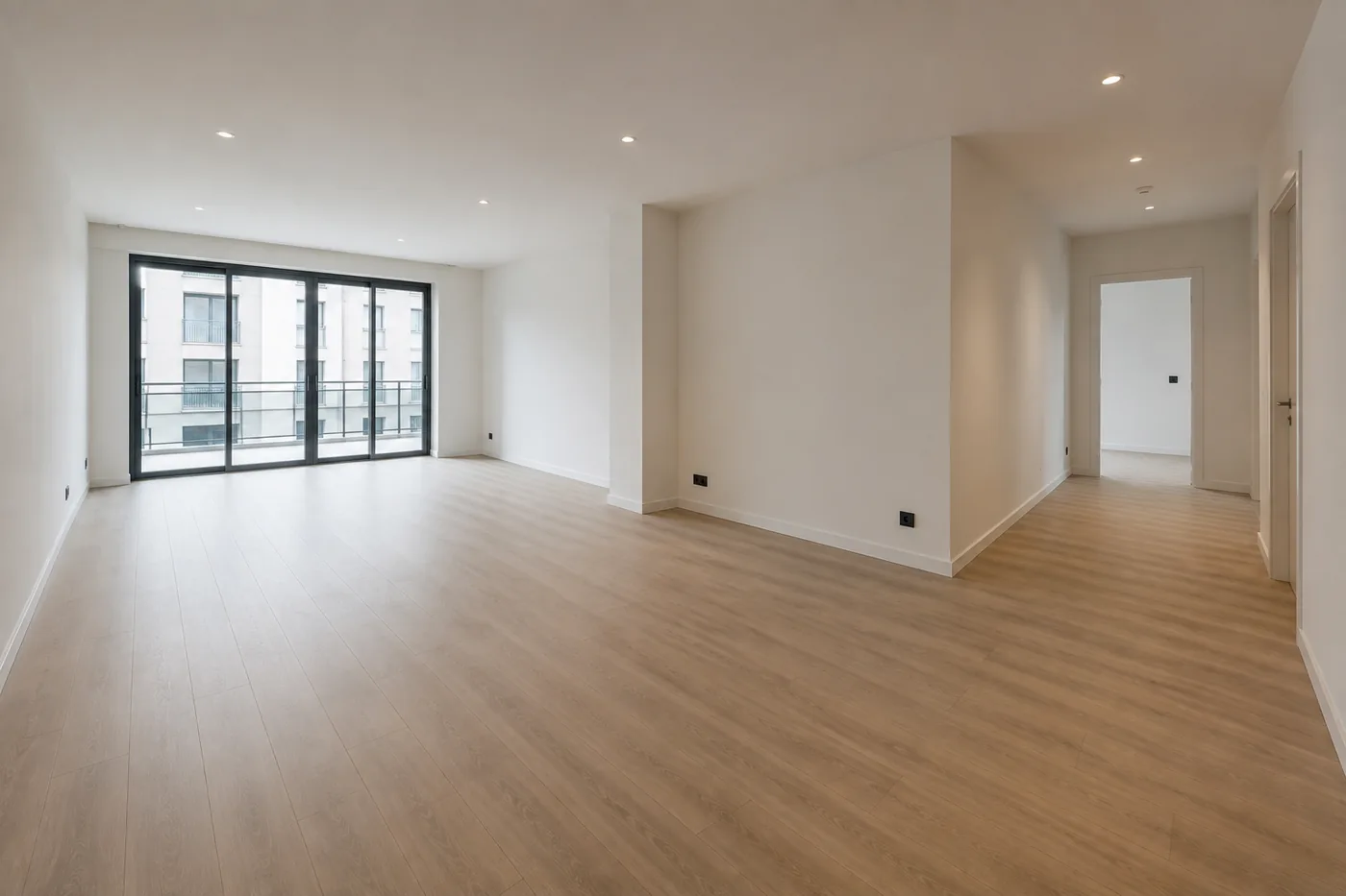 Salón diáfano reformado con suelo continuo y grandes ventanales al balcón