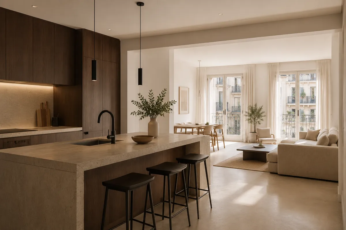 Cocina y salón reformados con isla de piedra, madera oscura y comedor con vistas al Eixample de Barcelona