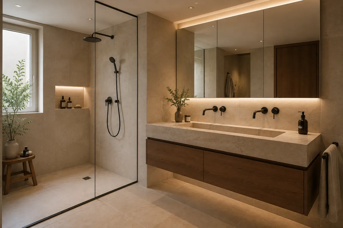 Baño principal reformado con piedra natural, madera y grifería en acabado oscuro, vivienda en Sarrià, Barcelona