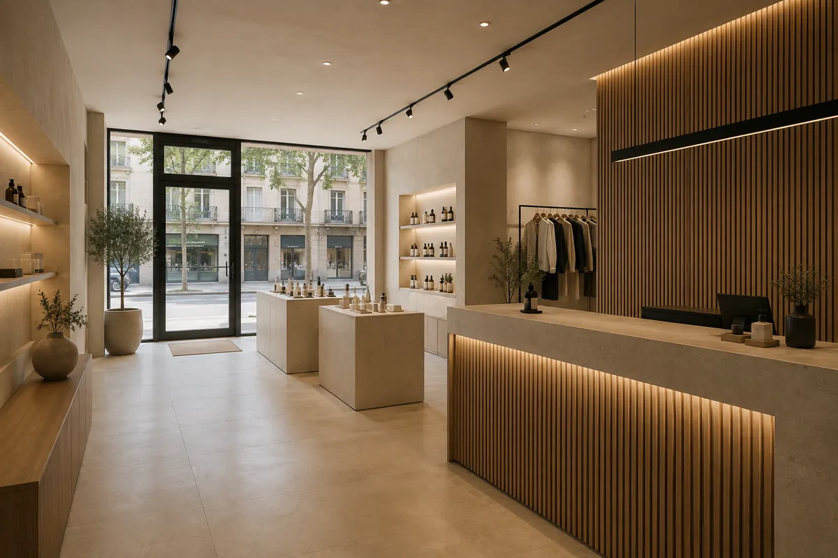Local comercial reformado con mostrador de piedra, paneles de madera ranurada e iluminación cálida, Sabadell, Barcelona